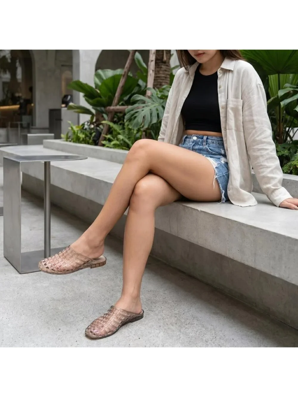 Women's Mocha Plastic Lightweight Woven Design Cushioned Comfort Jelly Flats